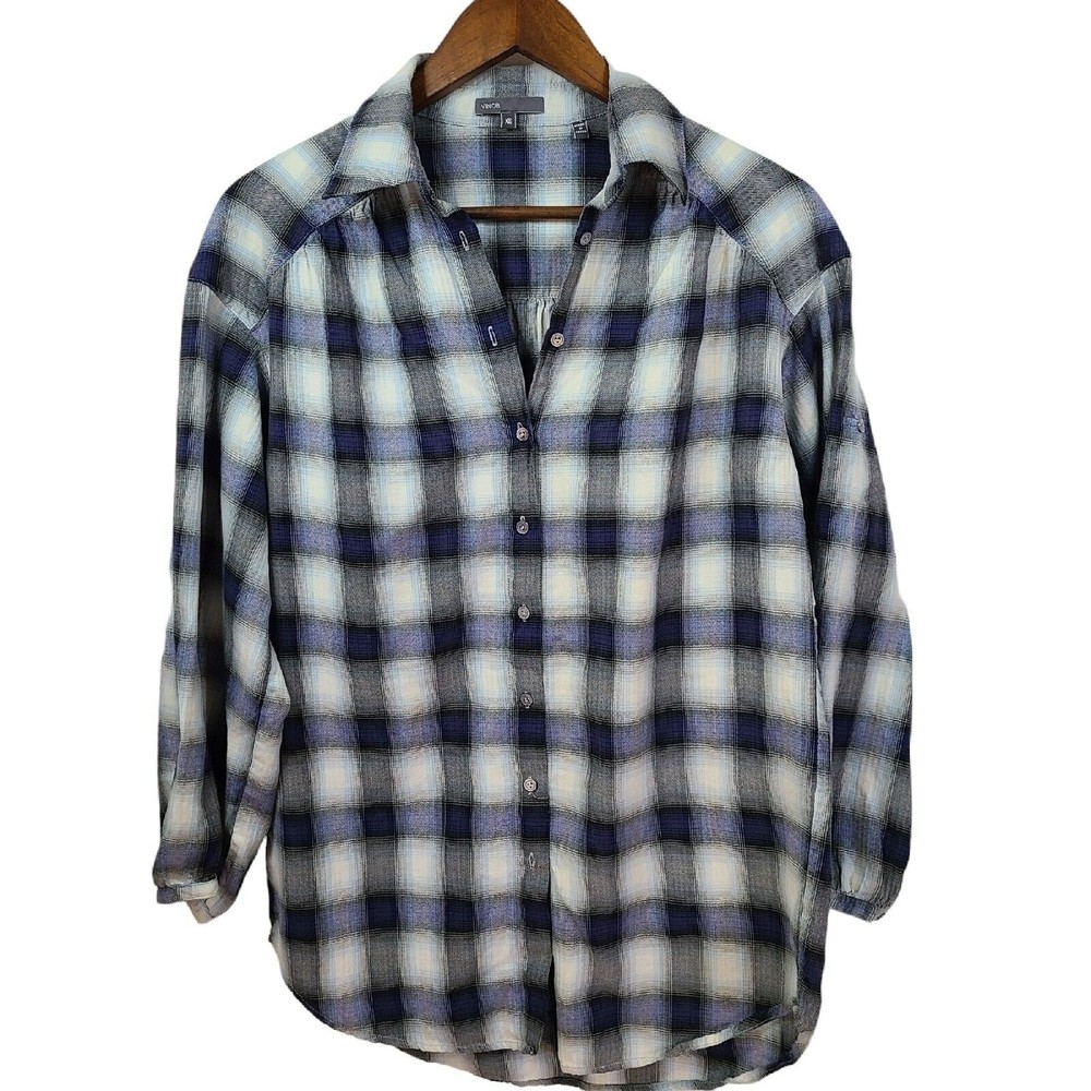 Vince Blue Plaid Button Front 3/4 Sleeve Shirt  XS